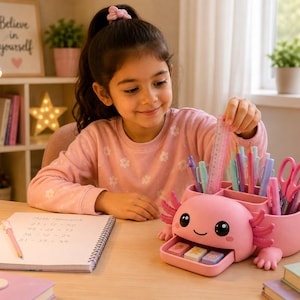 May include: A pink axolotl-shaped desk organizer featuring a small pull-out drawer containing three rectangular erasers, multiple compartments for pens and pencils, and a tail-shaped storage section, all crafted from smooth plastic material.