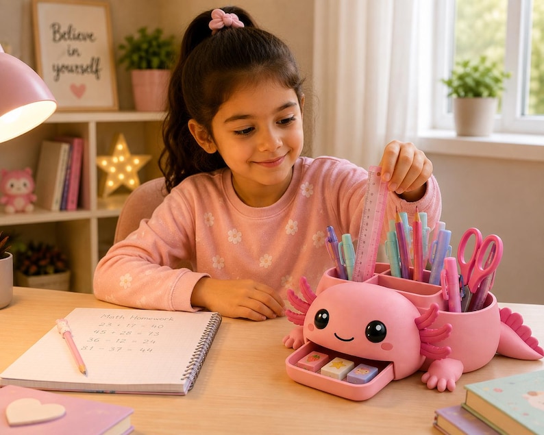 May include: A pink axolotl-shaped desk organizer featuring a small pull-out drawer containing three rectangular erasers, multiple compartments for pens and pencils, and a tail-shaped storage section, all crafted from smooth plastic material.