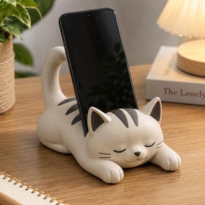 Könnte beinhalten: Ein beigefarbener Smartphone-Ständer in Katzenform mit dunkelbraunen Streifen auf Rücken und Kopf und einer glatten, matten Oberfläche. Die Katze liegt in einer liegenden Position mit geschlossenen Augen und bietet einen Schlitz für ein Smartphone.