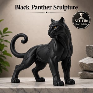 May include: A matte black panther sculpture with defined muscular features and amber-coloured eyes. The panther stands in a prowling pose with a curled tail. Text at the top reads Black Panther Sculpture and a circular badge says STL File Ready for Print.
