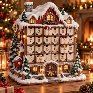 Op de afbeelding: Een houten adventskalender in de vorm van een besneeuwd huis met vierentwintig genummerde lades. Het bouwwerk heeft rode muren, een stenen schoorsteen, groene dennenbomen en warme binnenverlichting. Lades 3, 11, 17 en 20 staan open.
