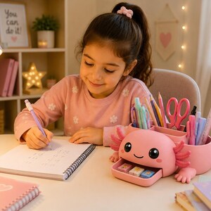 May include: A pink axolotl-shaped desk organizer featuring a small pull-out drawer containing three erasers, multiple compartments for holding pens, pencils, scissors, and a ruler, with large black eyes and a smiling mouth on the front.