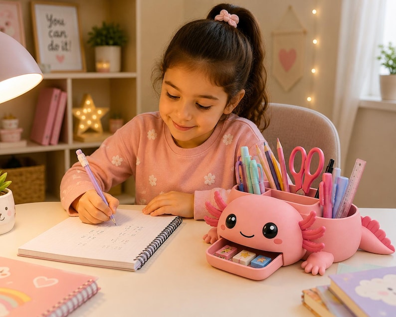 May include: A pink axolotl-shaped desk organizer featuring a small pull-out drawer containing three erasers, multiple compartments for holding pens, pencils, scissors, and a ruler, with large black eyes and a smiling mouth on the front.