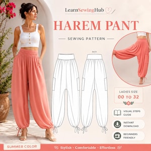 May include: A coral-colored harem pant sewing pattern with the text "HAREM PANT" and "SEWING PATTERN". The image includes a photo of the pants being worn and a line drawing of the front and back. The text "SUMMER COLOR" is also present.
