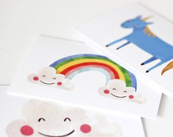 Pack of Three Magical Cards, Unicorn, Rainbow & Happy Cloud