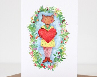 Fox Greeting Card Love Card Valentines Card Illustrated Card Watercolour Card