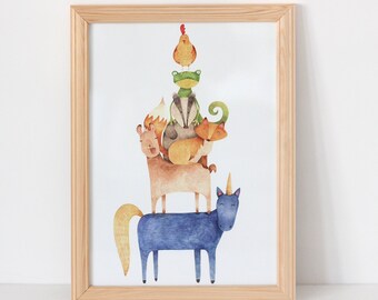 Animal Tower Nursery Print A4