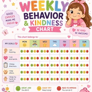 May include: A weekly behavior and kindness chart featuring a grid for tracking daily goals like listening and helping others. The chart includes colorful icons, a cartoon character, and text such as My Weekly Behavior & Kindness Chart, Good Choices Make Me Proud, and Be Kind Be Awesome.