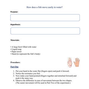 May include: A white science experiment report titled "How does a fish move easily in water?" The report includes sections for purpose, hypothesis, materials, and procedure. The procedure involves using a hand to represent a fish's body.