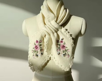 Vintage Embroidered Scarf – Boho Floral Shawl – Cozy Winter Neck Wrap – Handmade Style Gift for Women