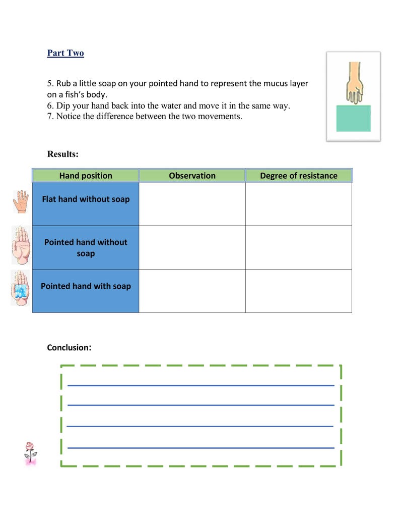 May include: A science experiment worksheet with instructions and a table to record observations. The instructions involve rubbing soap on a hand and comparing its movement in water. The worksheet includes a section for results and a conclusion.
