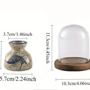 Może przedstawiać: Mały ceramiczny wazon z motywem ryby i szklany klosz z drewnianą podstawą. Wazon ma 5,3 cm wysokości i 5,7 cm szerokości. Klosz ma 11,3 cm wysokości i 10,3 cm szerokości.