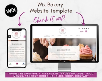 May include: A Wix Bakery website template displayed on a computer monitor and a smartphone. The website features a bakery logo, menu options, and images of cupcakes. Text on the screen reads "Delight in Every Bite" and "Check it out!"
