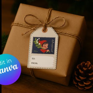 May include: A wrapped gift in brown paper tied with twine, featuring a decorative tag. The tag has a vintage postage stamp design with a cartoon elf and the text "Greetings". The tag also includes spaces for "To" and "From". A pine cone rests nearby.