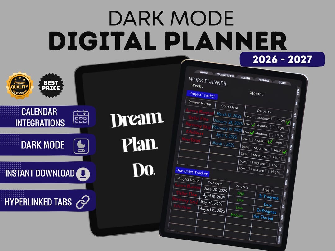 Dark Mode Digital Planner, Undated iPad Journal, Goodnotes & Notability ...