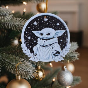 Baby Yoda (The Mandalorian) Light-Up Snowflake Christmas Tree Ornament - Acrylic, Clear, Star Shape