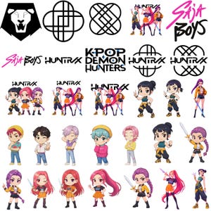 May include: A collection of digital art featuring logos, text, and cartoon characters. The logos include a lion head, geometric shapes, and the text "Saja Boys", "Huntrax", and "K-Pop Demon Hunters". The cartoon characters are in various poses.