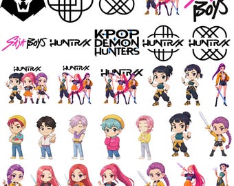 Kpop Demon Hunter PNG Bundle Kpop Dolls Cake Topper | Rumi Jacket, Saja Boys Hat, Zoey Kids Costume, Huntrix Light Stick, Kpop Sublimation