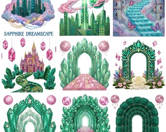 Magical Witch Clipart Bundle PNG | Enchanted Green City Fantasy | Transparent Background Instant Download