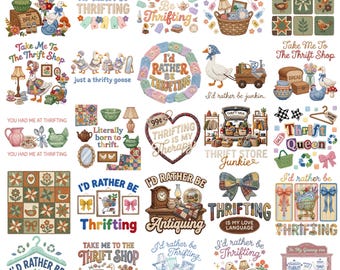 Thrifting PNG Bundle | 25 Vintage Thrift Shop Sayings I’d Rather Be Thrifting Design | Reseller Life Sublimation Retro Thrift Queen Clipart