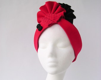 Turban hat velvet red and black style vintage 1930 1940 art deco