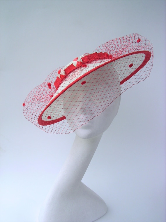 Handmade Straw Sailor Hat: Vintage 1940s Style with Red Veil