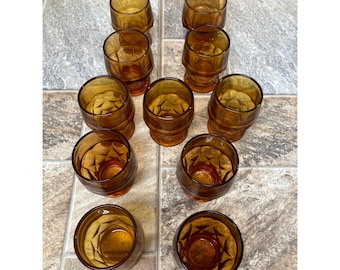Vintage Amber Glass Juice Glasses Thumbprint Pattern Mid Century Set of 11