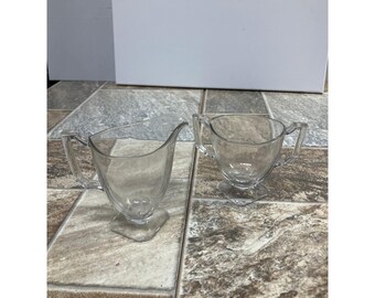 Vintage Clear Glass Creamer and Sugar Bowl Set Paneled Pedestal Base Art Deco