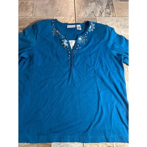 Alfred Dunner Womens Turquoise Embroidered 3/4 Sleeve Knit Top Blue Large