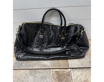 Steve Madden Black Crocodile Embossed Weekender Duffel Bag Gold Hardware Large