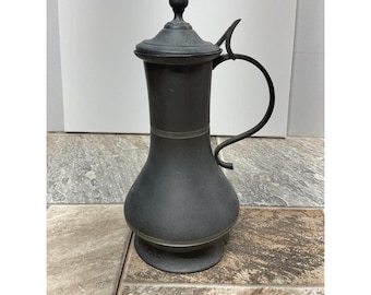 Vintage Pewter Pitcher Hinged Lid Matte Charcoal Gray Made in Brazil 10.5 Inch