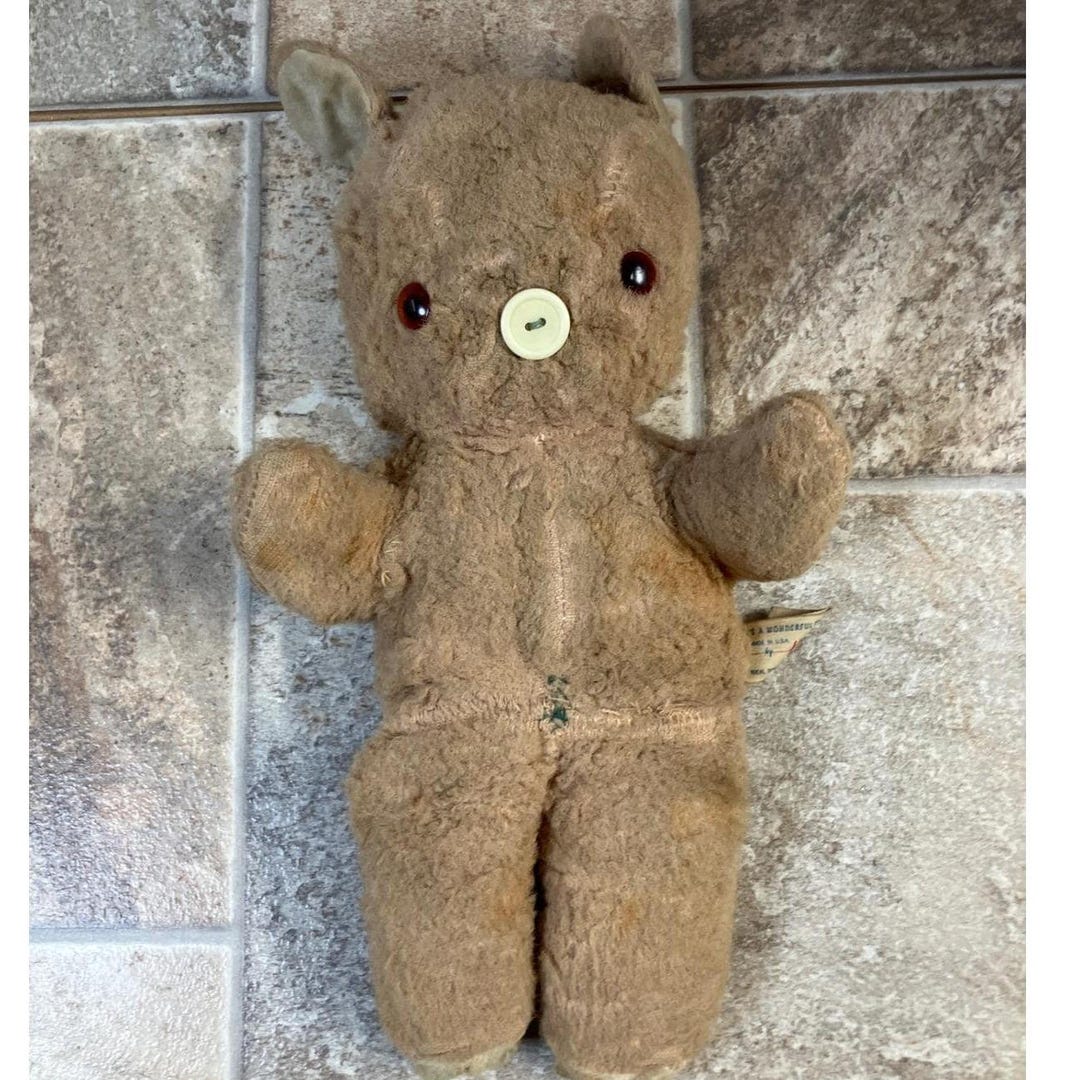 Vintage 1940s Teddy Bear Stuffed Animal Button Nose Plush Toy Brown - Etsy