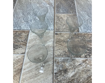 Vintage geëtste Starburst Crystal Cordial-glazen set van 5 trompetfluitglaswerk