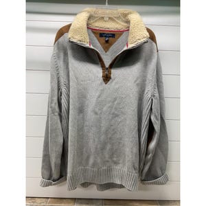 Tommy Hilfiger Heren XL grijze herensweater met sherpakraag en suède elleboogpatch