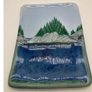 Artisan Signed SP Ceramic Landscape Tray Blue Green Pine Tree Coastal Art Potter