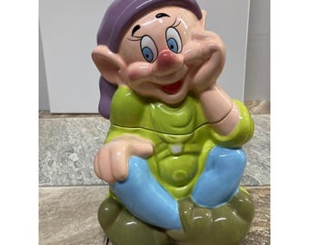 Disney Dopey Ceramic Cookie Jar Snow White Seven Dwarfs Green Purple 10.5 Inch