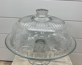 Vintage Frankreich Klarglas 4-in-1 Kuchenständer Bowleschale mit geätztem Blumenmuster 12 Zoll