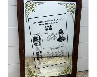 Lista de precios de aceites de motor Alexander Duckham antiguos de 1912. Espejo de pub con marco de madera de 20x14 pulgadas.