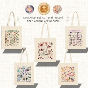 Custom Zodiac Tote Bags, Personalized Astrology Lovers Gift, Brides Maids Gift Tote, Star Sign Birthday Gift, Choose Your Sign