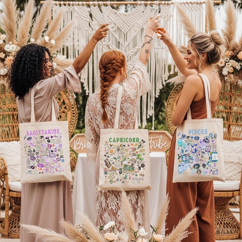 Custom Zodiac Tote Bags, Personalized Astrology Lovers Gift, Brides Maids Gift Tote, Star Sign Birthday Gift, Choose Your Sign