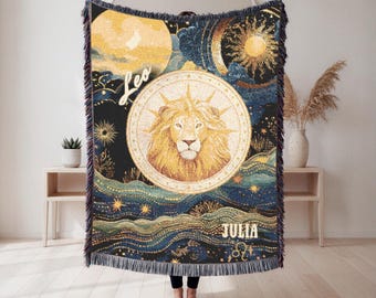 Gepersonaliseerde dierenriemdeken Leeuw | Geweven wandtapijt, astrologisch cadeau