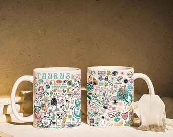 Taurus Sternzeichen Collage Tasse, Astrologie Liebhaber Geschenk, erdiges feminines Design