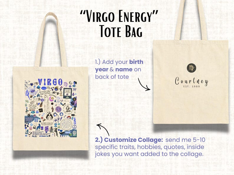 Virgo Zodiac Tote Bag Custom Bridesmaids Gift, Personalized Astrology Lovers Tote for Virgo Best Friend Birthday Gift, Star Sign Bday Gift