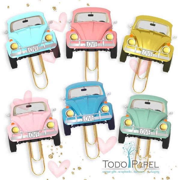 Retro Style Classic Car Laminated Planner Paper Clips - Choose from 6 Colors - Yellow, Mint, Raspberry, Turquoise, White, Blue, Soft Pink