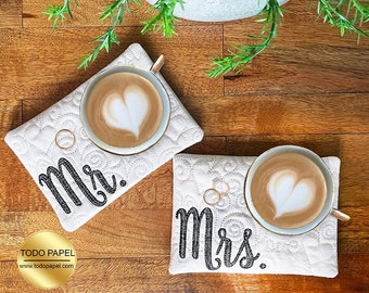 Classic Mr & Mrs Mug Rug set. Fabric Coaster, Coffee Lover, Wedding Gifts, Hostess Gift, Newly Weds Embroidered Mug placemat gifts.