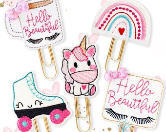 FELTIE Embroidered Planner Paper Clip, Magnet, Brooch – Unicorn, Rainbow, Roller Skate