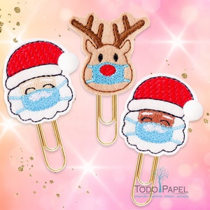 Face Mask Santa and Rudolph Christmas Holiday Planner Paper Clips or Magnets. Holiday gift bookmarkers, page dividers for Planners, TNs