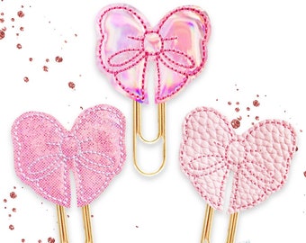 FELTIE Pink Bow Planner Paper Clips: Glitter, Holographic, Leatherette