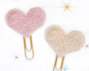 Faux FUR Blush Pink or Natural Tan Heart Planner Paper Clips for embellishing your Planners, Journals, Diaries, Organizers. Cute Bookmarkers