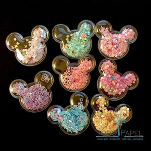 Color Sequin Shaker embellishments. 5 Designs:Butterly, Unicorn, Mouse, Mermaid&#39;s Tail,star. Clear PVC Vinyl filled with iridescent confetti